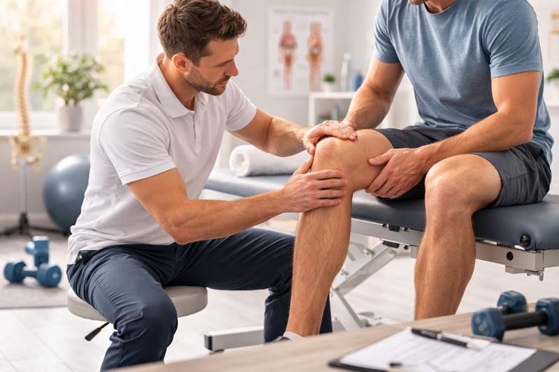Fotorealistisk bild av knäsmärta och rehabilitering